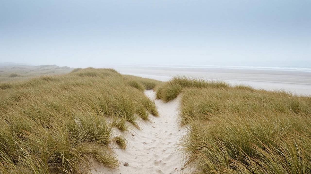 A sand path winding through marram dunes toward a pale, misty sea