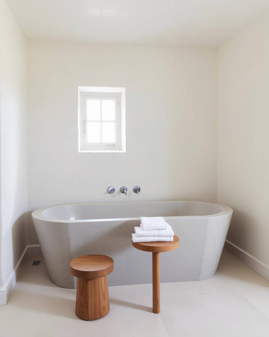 A freestanding stone bath with folded towels resting on an oak stool