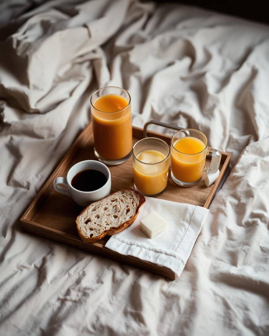 A breakfast tray with coffee, juice and sourdough toast resting on rumpled linen