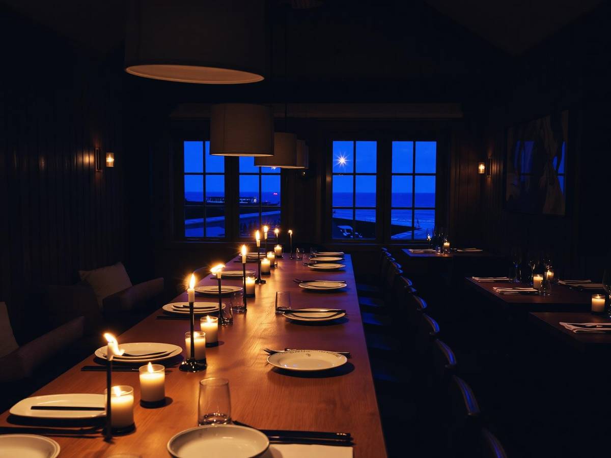The long dining table at Saltwood set with candles, the sea deep blue through the windows