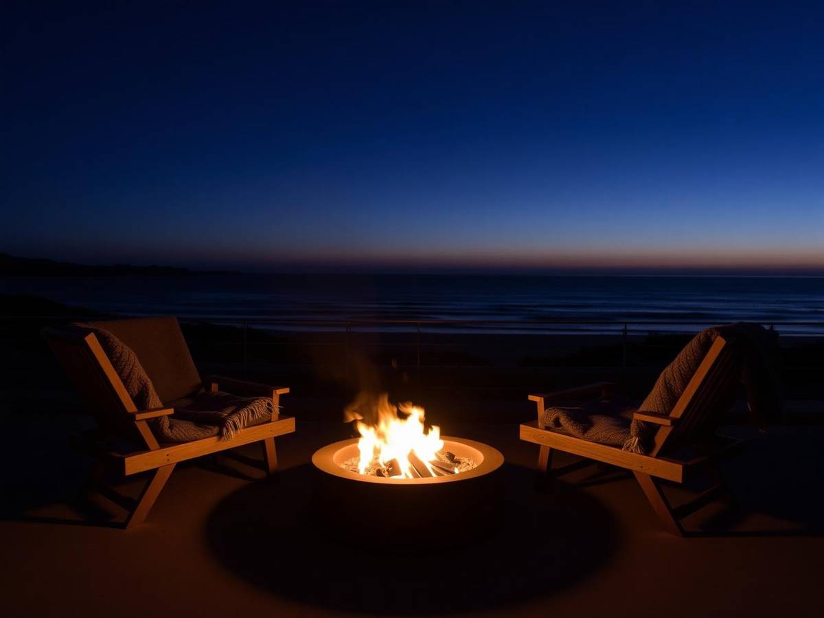 A lit firepit on the terrace at blue hour with two chairs and wool blankets facing the sea