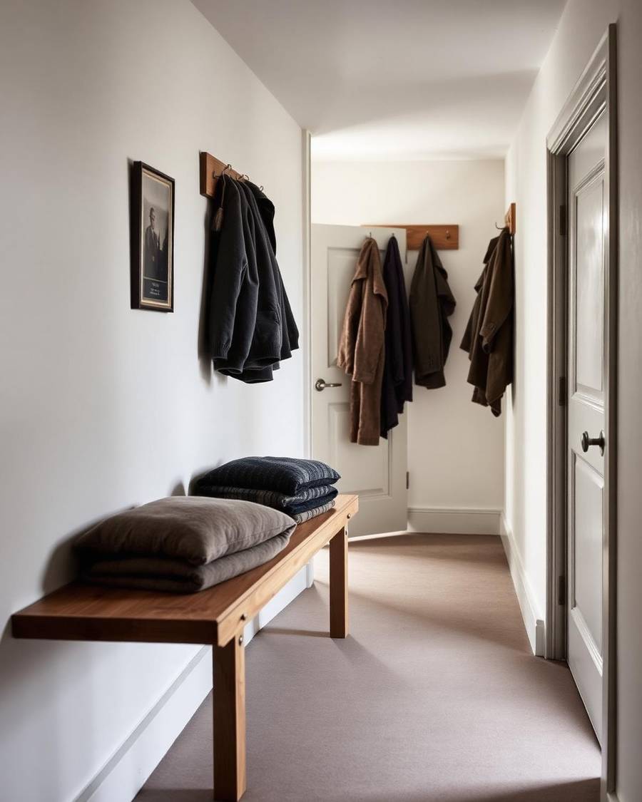 An upstairs landing at Saltwood with an oak bench, folded wool throws and oilskin coats on hooks