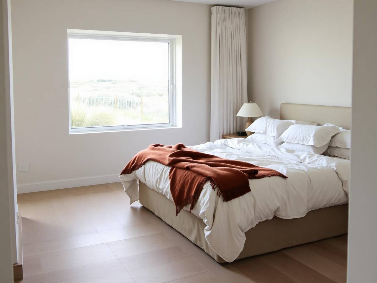 The Dune Room with a king bed dressed in ivory linen with a rust wool throw, a wide window looking onto dune grass