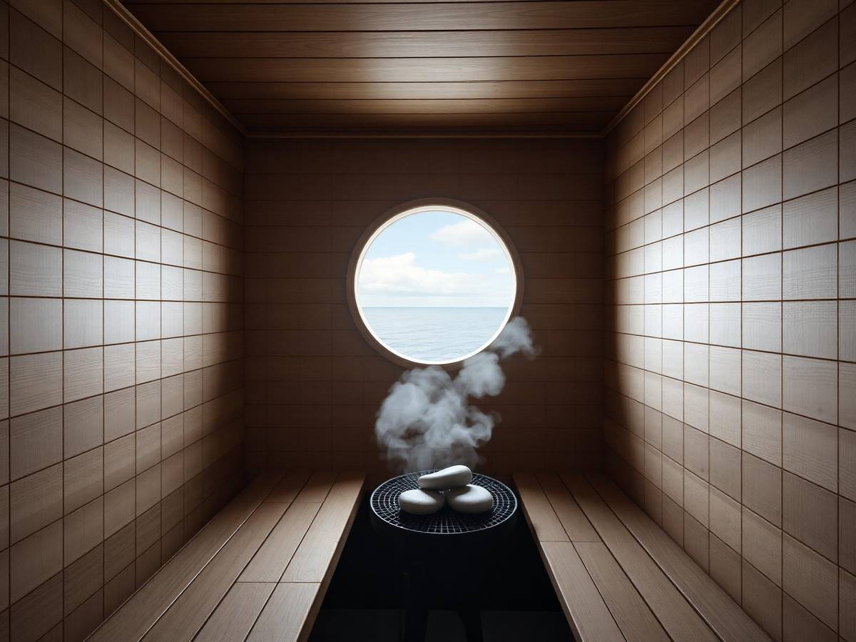The cedar sauna with a round window framing the sea, steam rising from the stones